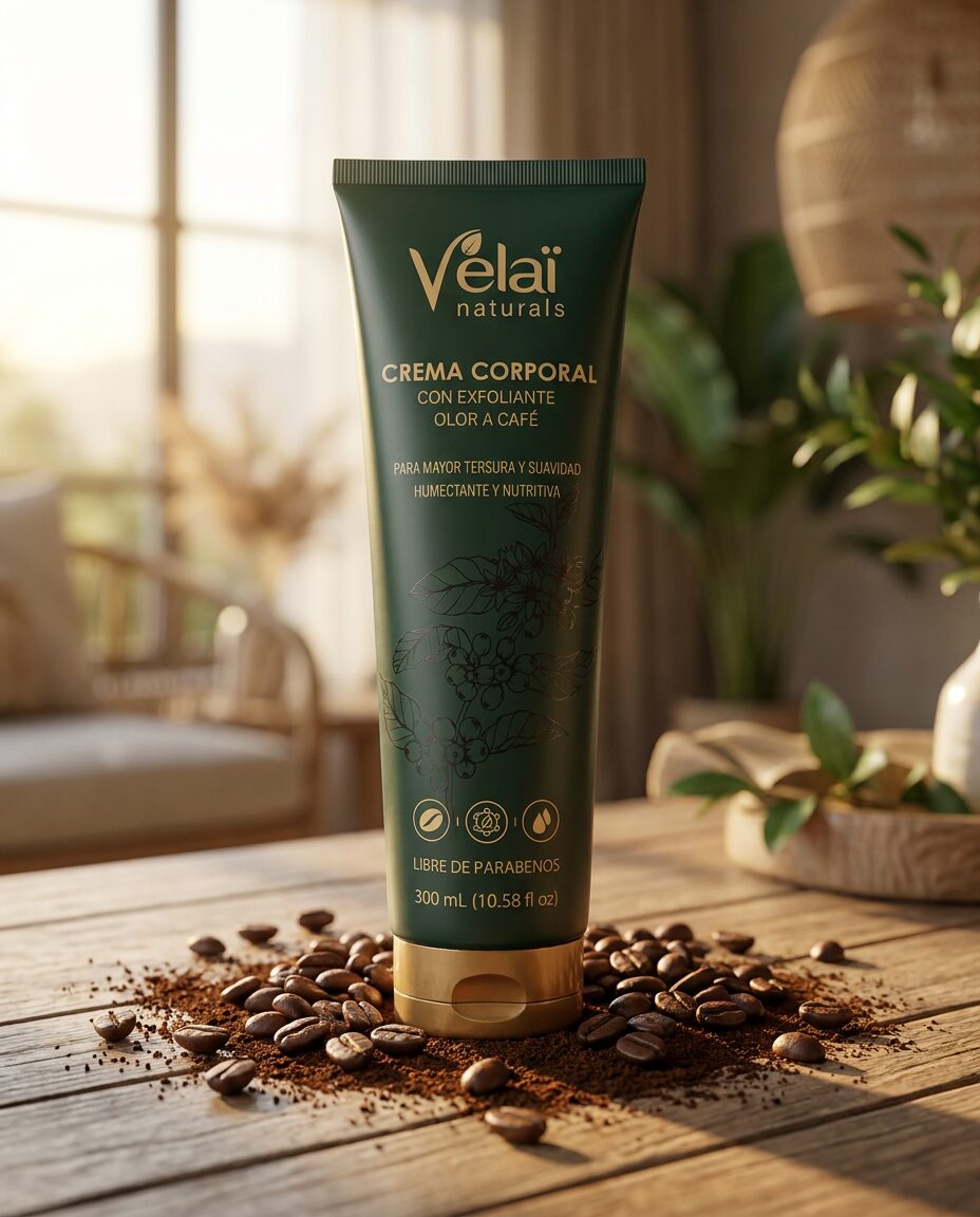 Crema corporal con exfoliante de café Vélaï, tubo verde y caja, entre granos de café