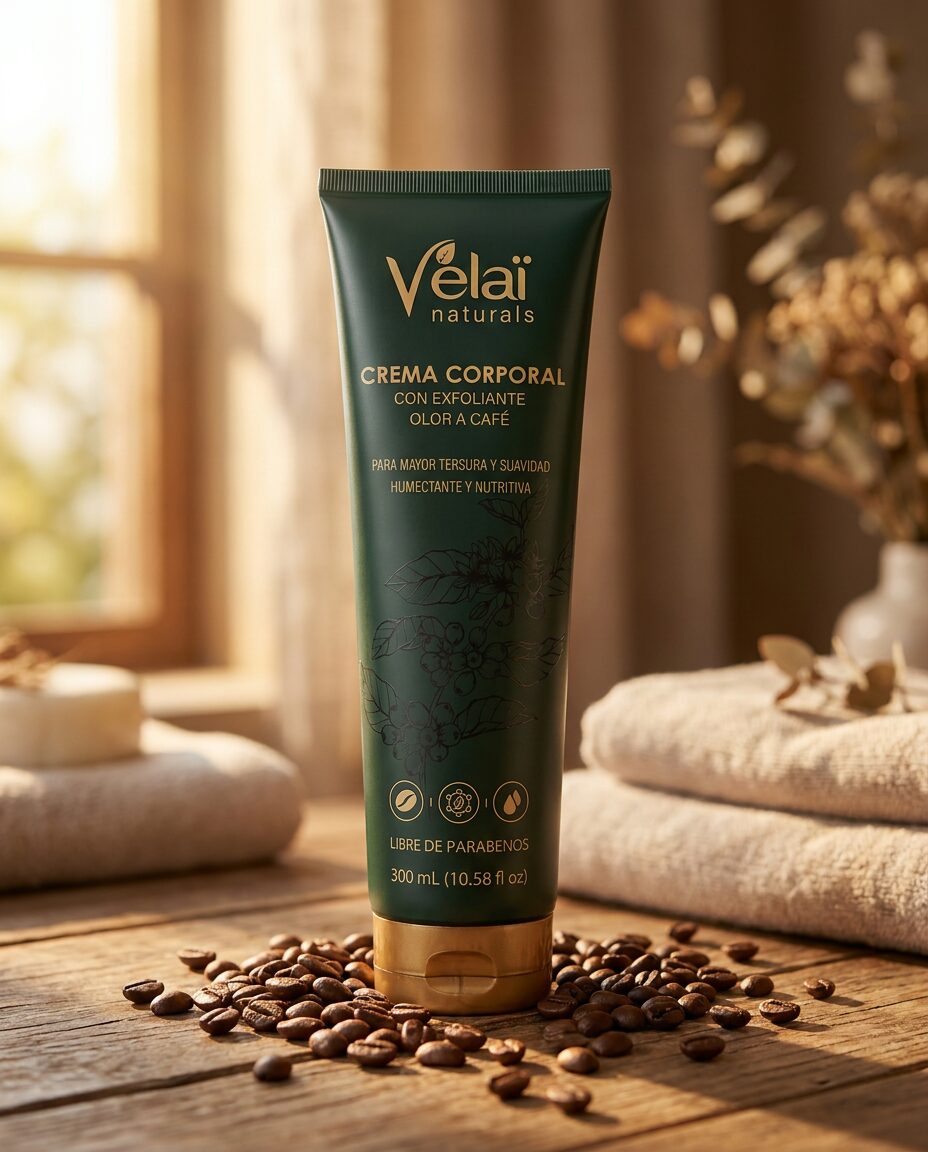 Producto Vélaï con hojas y granos de café