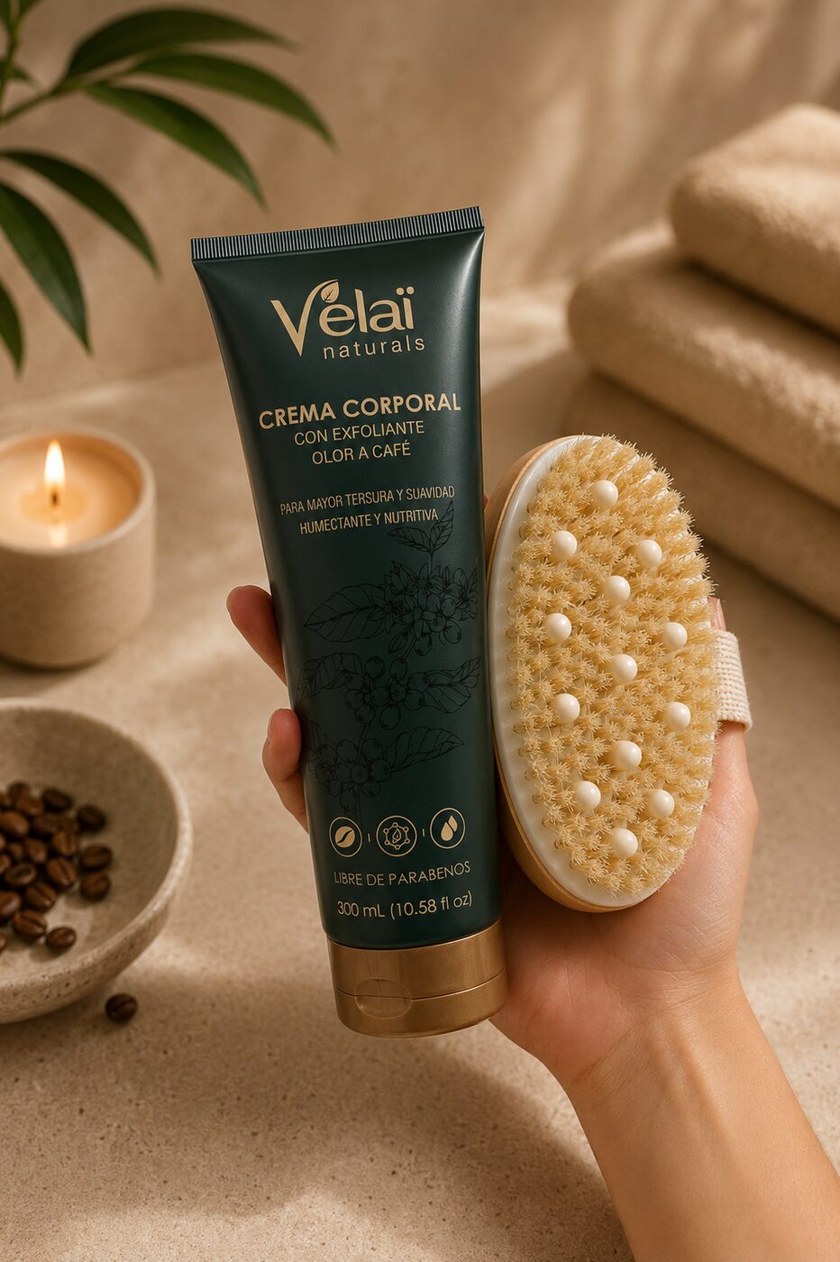 Crema exfoliante de café y cepillo corporal Vélaï juntos