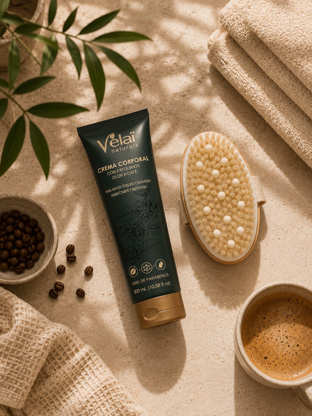 Combo Vélaï: crema corporal con exfoliante de café y cepillo corporal