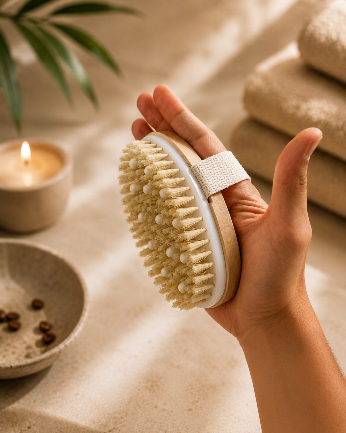 Cepillo corporal exfoliante de cerdas naturales y mango de madera Vélaï en mano