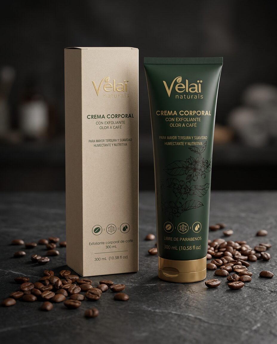 Tubo verde y caja kraft de Vélaï entre granos de café