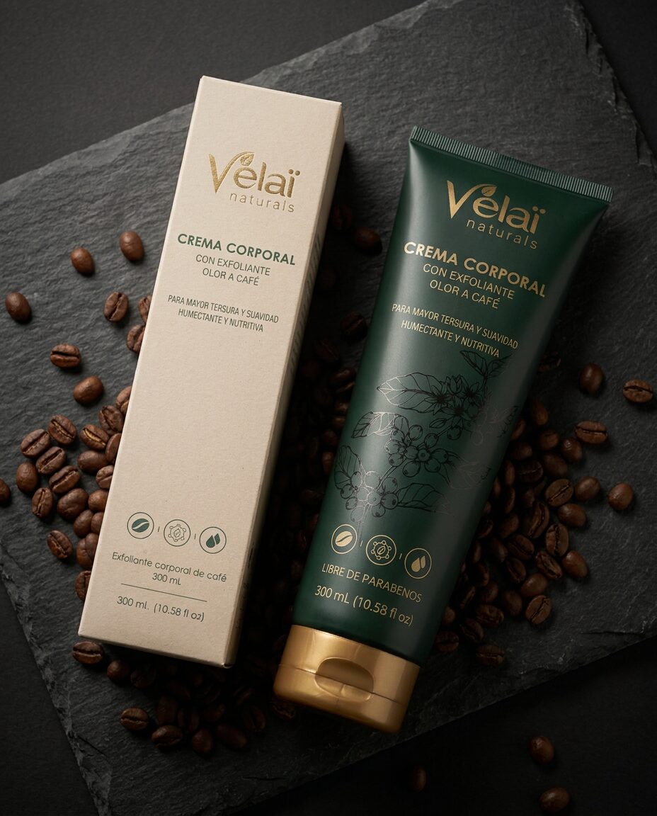 Tubo y caja de la crema Vélaï vistos desde arriba con granos de café